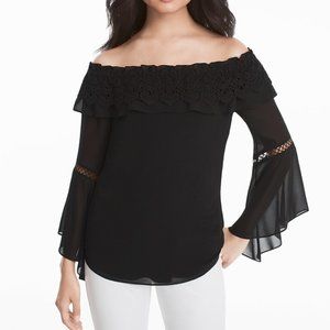 WHBM Off-The-Shoulder Crochet Trim Black Blouse